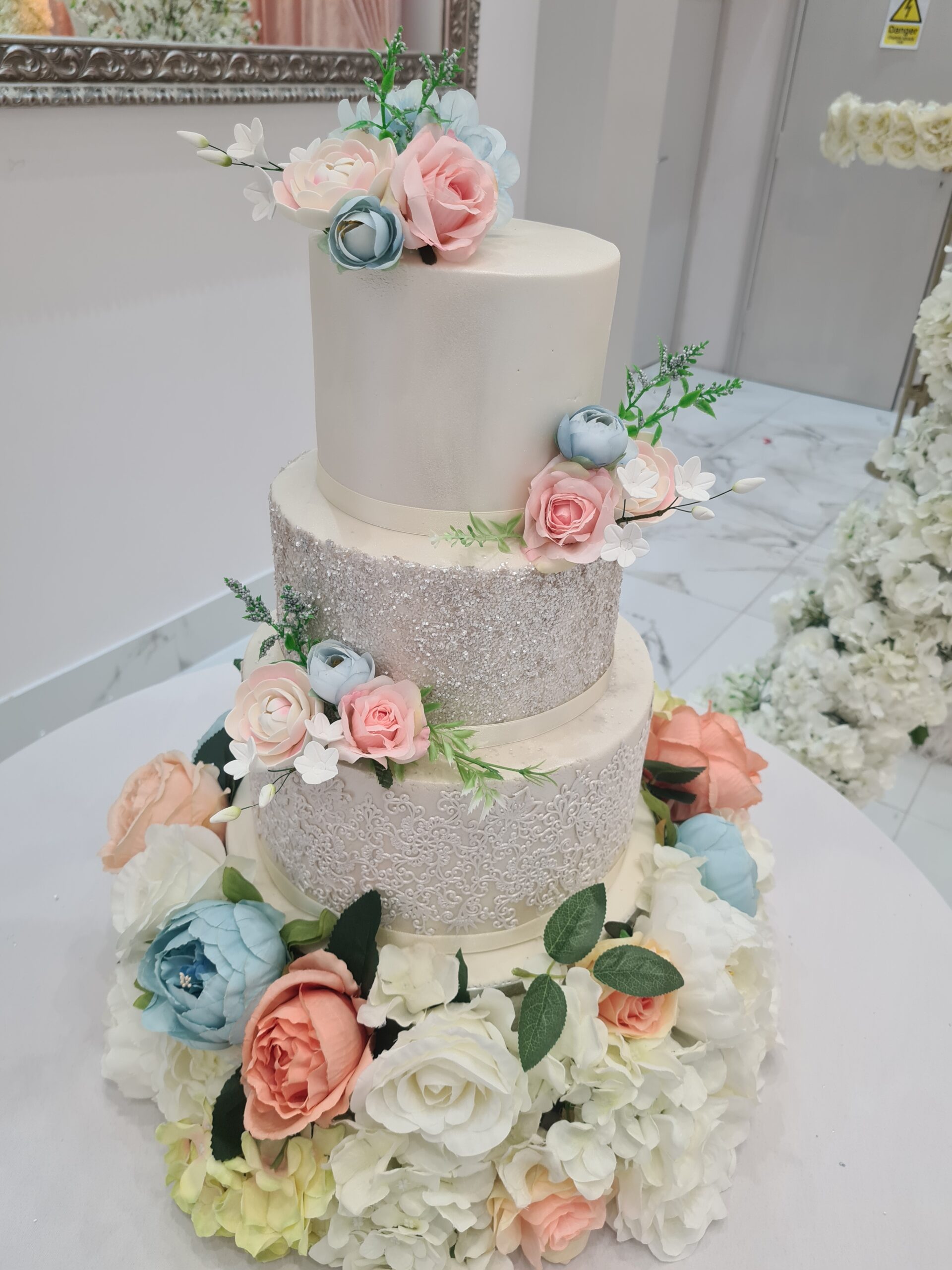 2 Tier - Flower Ruffles and Rose Gold Glitter Sequins Fondant Cake - LE  PETIT EMPIRE Designer Cakes
